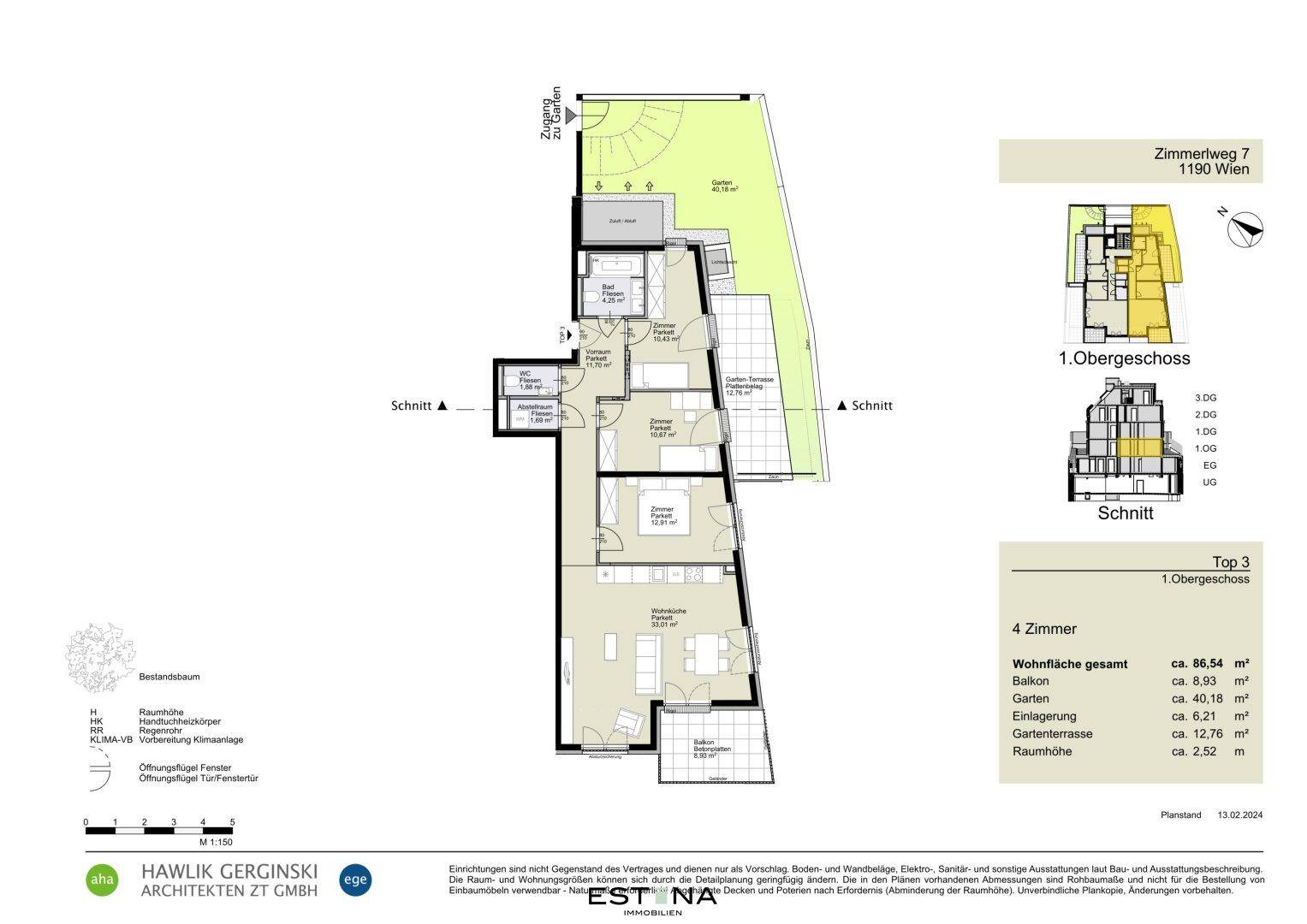 Detaillierter Grundriss des 1. Obergeschosses mit Garten, Terrasse und Balkon.
