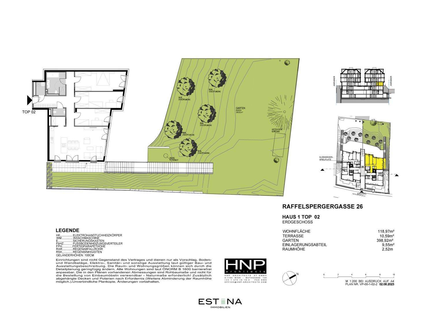 Lageplan des Erdgeschosses mit Garten, Terrasse und angrenzendem Gebäude.