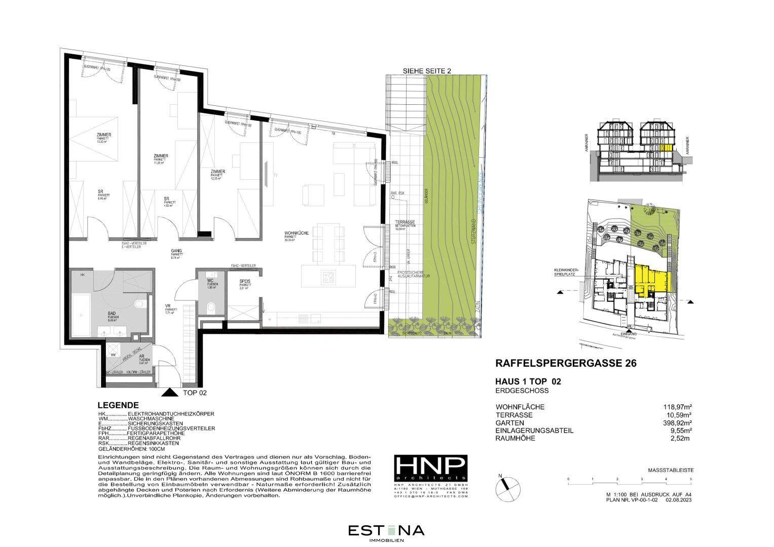 Grundriss des Erdgeschosses mit Wohnküche, drei Zimmern, Bad und Terrasse.