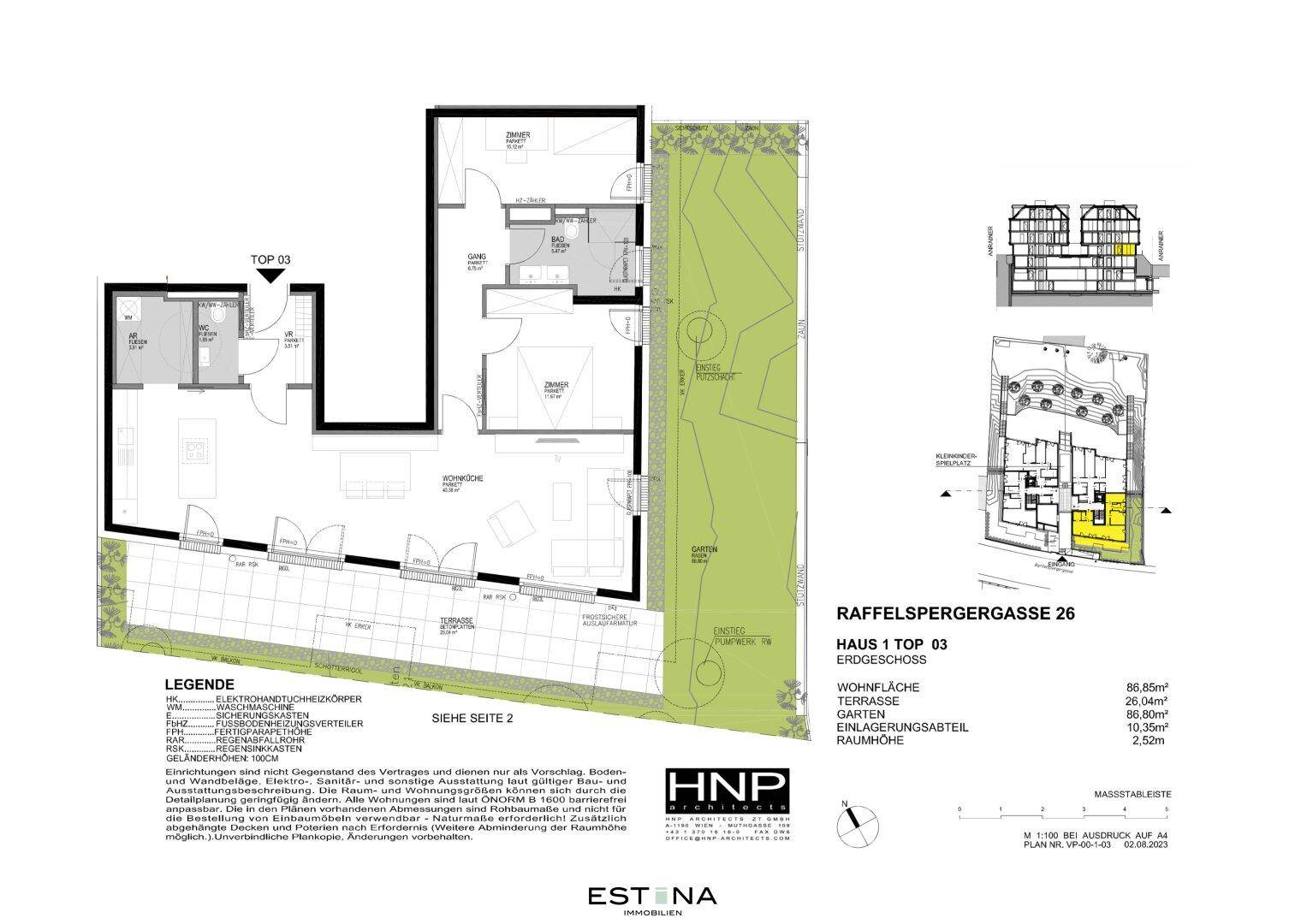 Grundriss für eine Erdgeschosswohnung mit Terrasse und Gartenbereich.