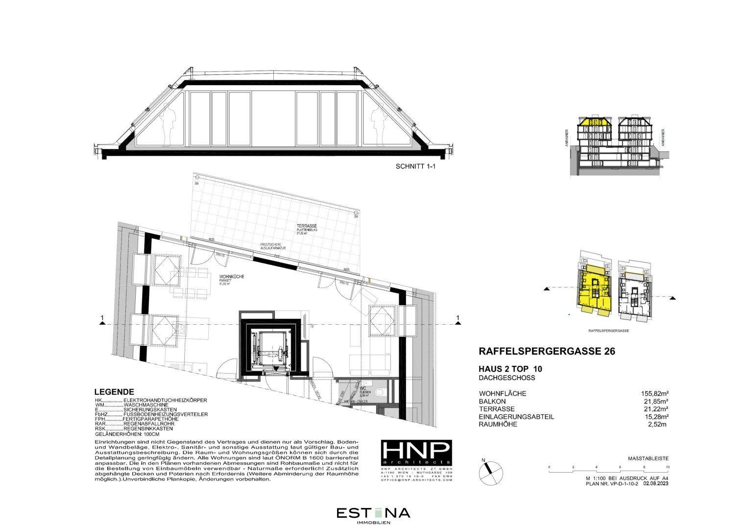Schnittansicht und Grundriss des Dachgeschosses mit Terrassen und deutlichen Dachschrägen.