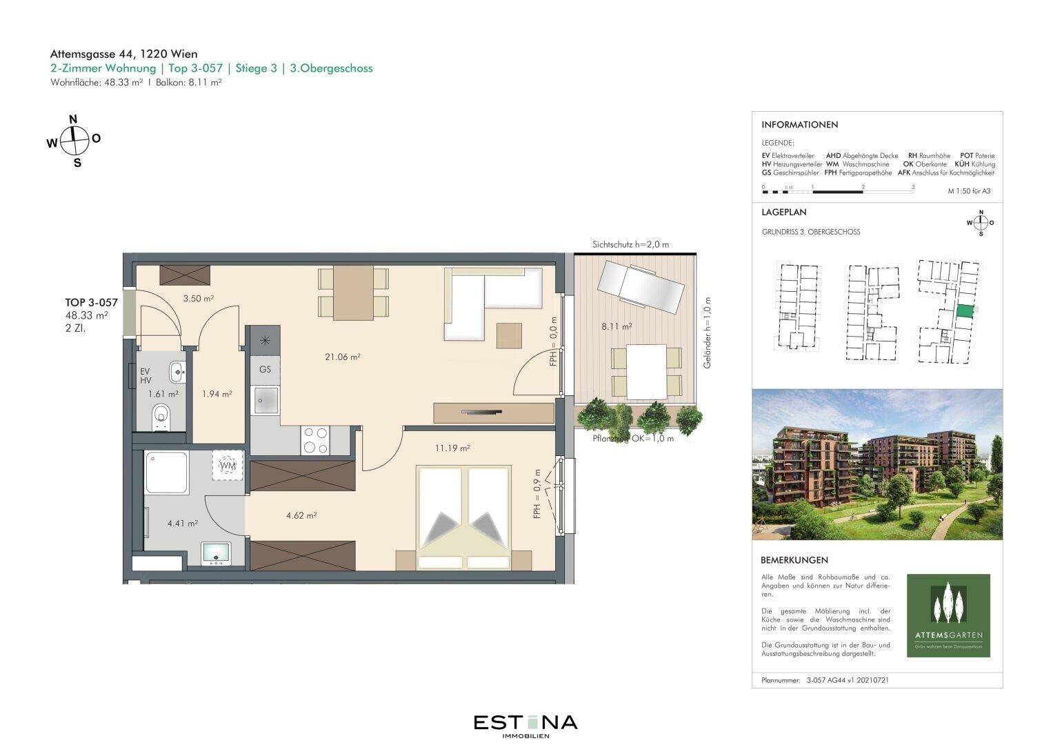 Detaillierter Grundriss einer 2-Zimmer-Wohnung mit Balkon und offener Wohnküche.