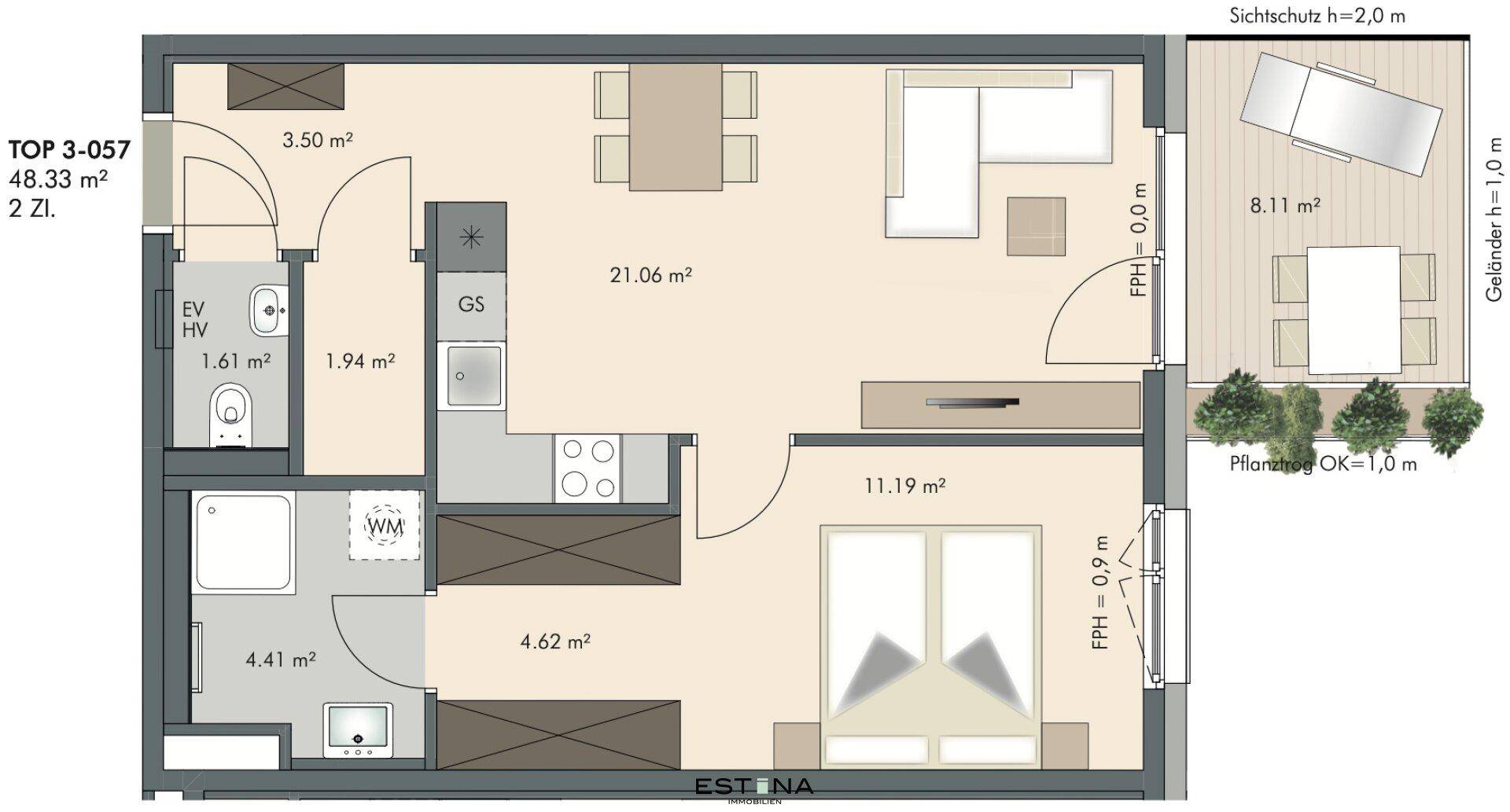 Nahaufnahme des Grundrisses einer 2-Zimmer-Wohnung mit Balkon und effizienter Raumaufteilung.
