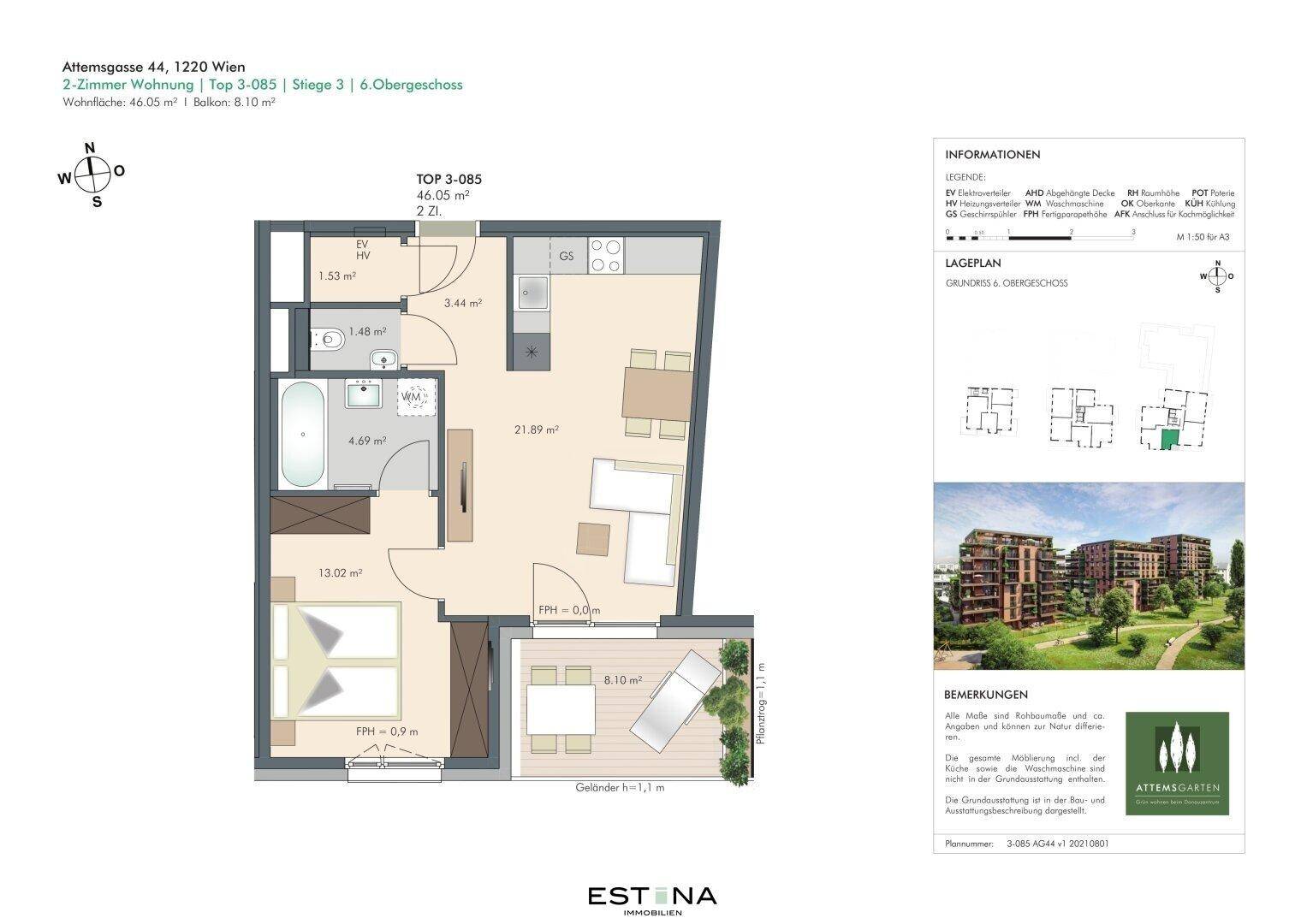 Detaillierter Grundriss einer 2-Zimmer-Wohnung mit Balkon und offener Wohnküche.