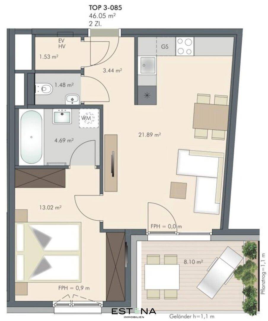 Übersichtlicher Grundriss einer 2-Zimmer-Wohnung mit Schlafzimmer, Bad und Balkon.