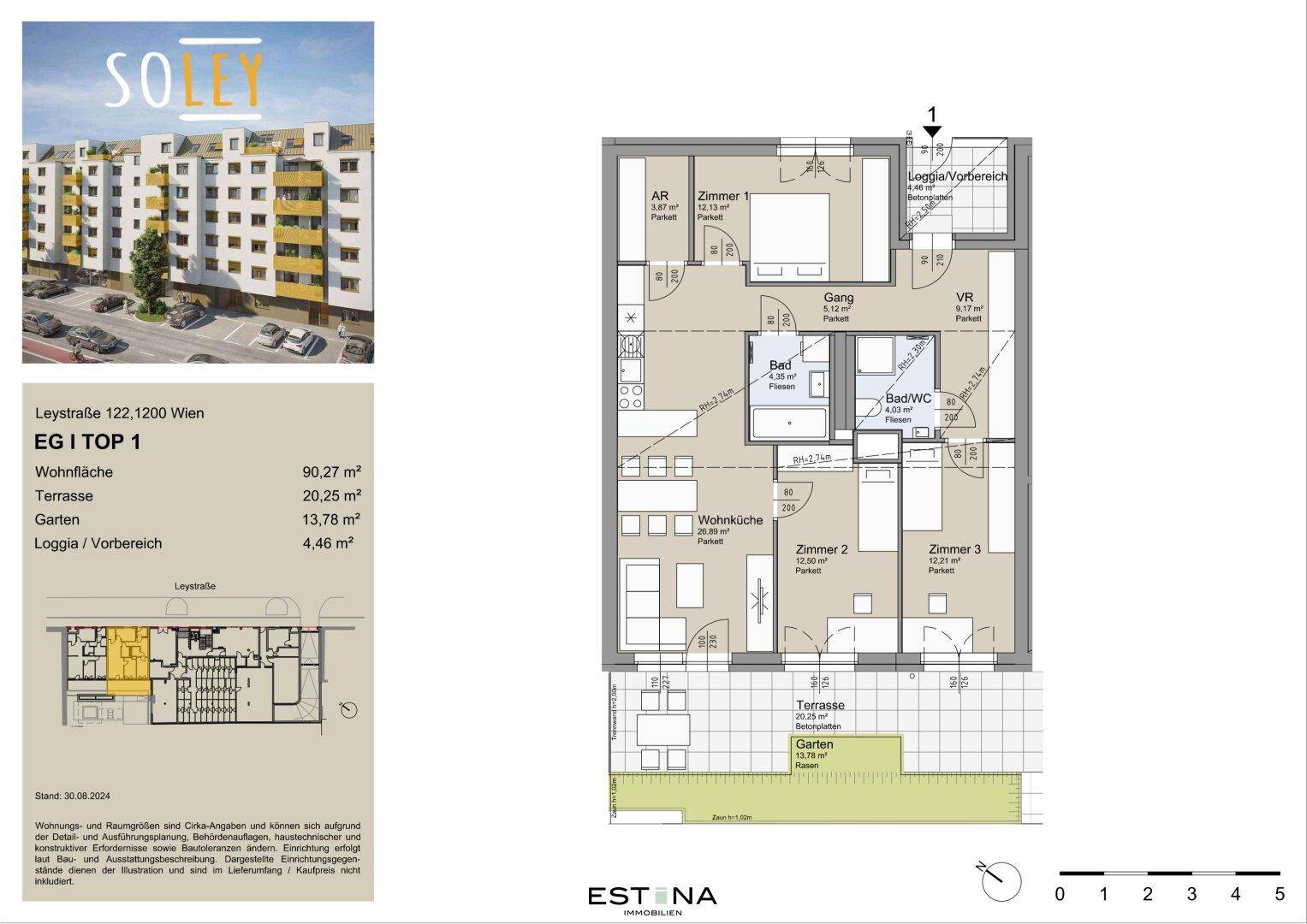 Detaillierter Grundriss einer Wohnung mit Terrasse, Garten und Loggia.