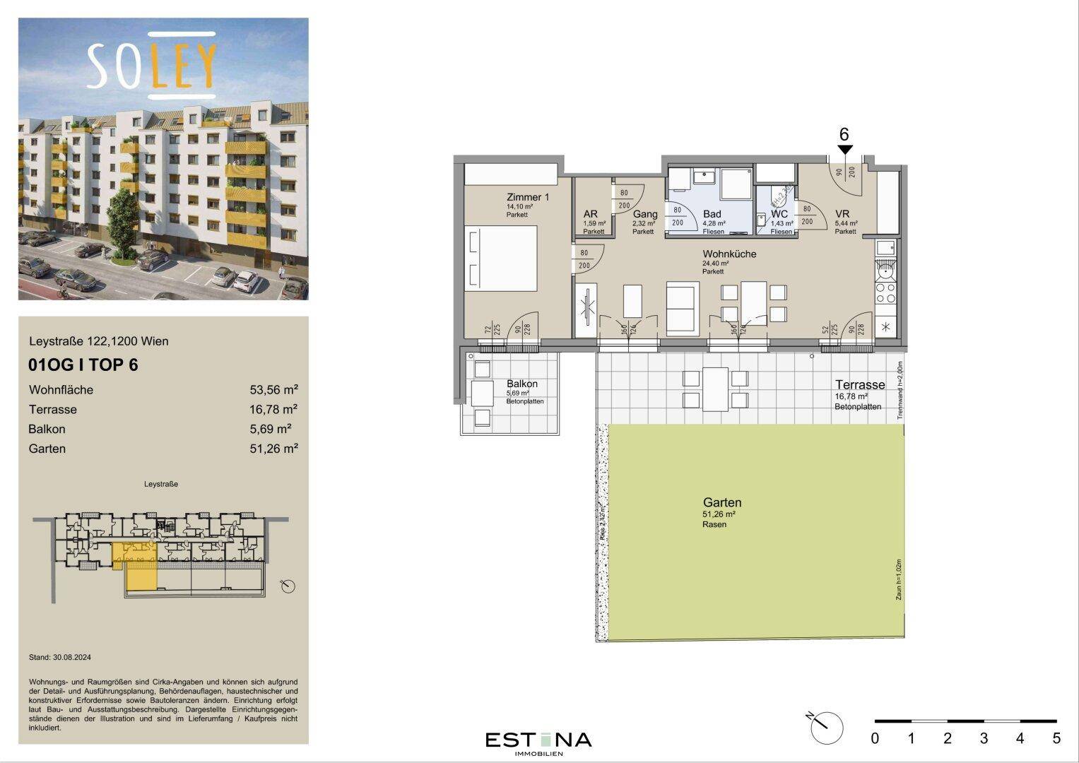 Grundriss einer Wohnung mit Balkon, Terrasse und privatem Gartenbereich.