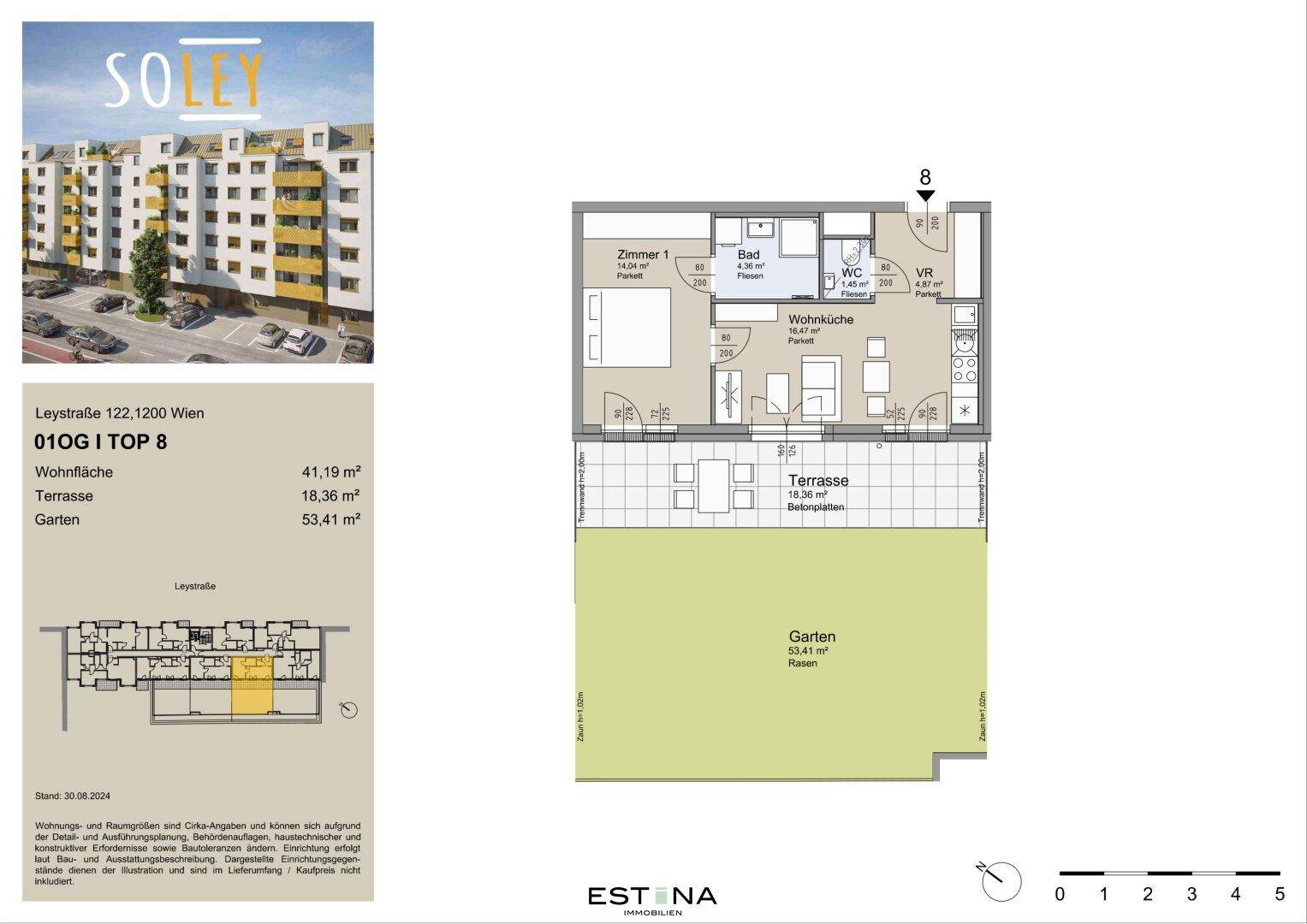 Grundriss der Wohnung 01OG I TOP 8 mit Wohnküche, Terrasse und Garten.