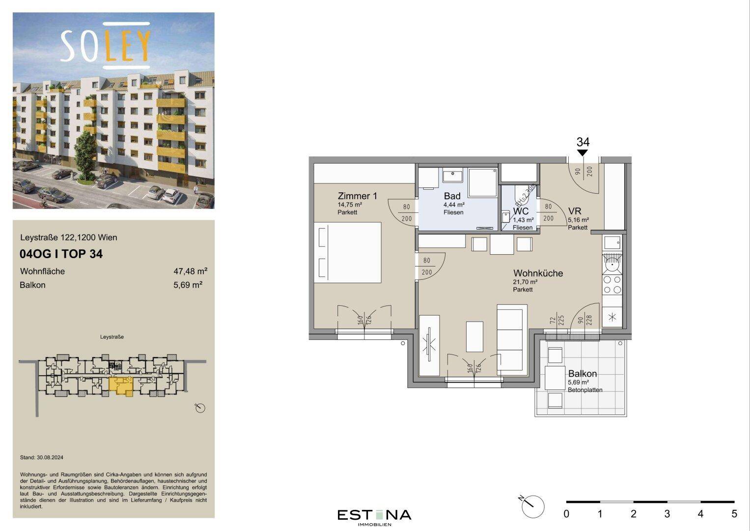 Detaillierter Grundriss einer Wohnung mit Wohnküche, Schlafzimmer und Balkon.