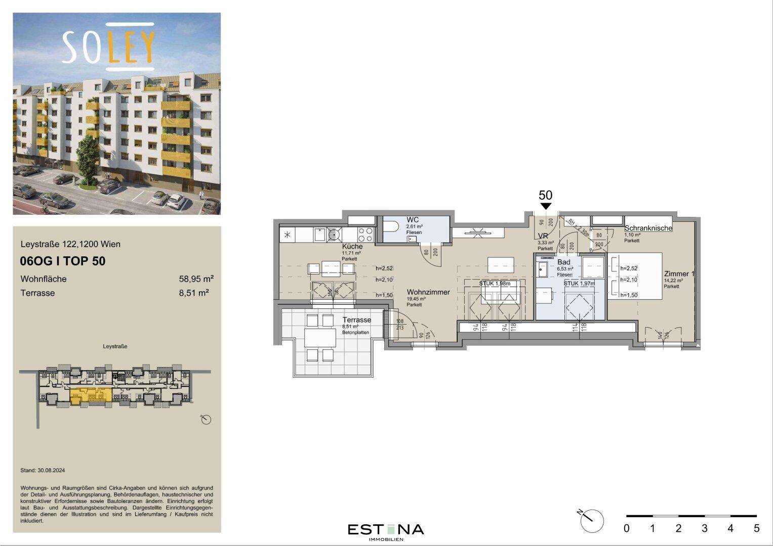Detaillierter Grundriss einer Wohnung mit einem Schlafzimmer, offener Küche, Wohnzimmer und Terrasse.