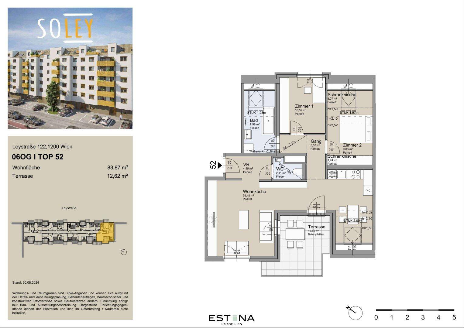 Detaillierter Grundriss einer Wohnung mit offener Wohnküche, zwei Schlafzimmern und Terrasse.