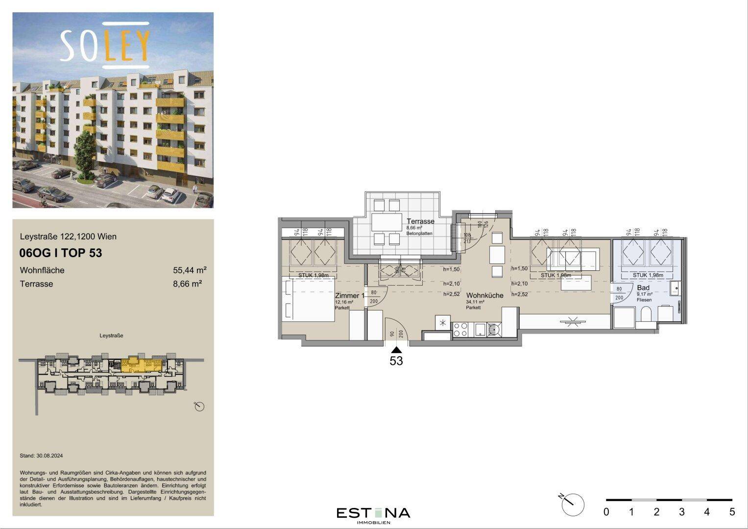 Grundriss einer Wohnung mit einem Zimmer, Wohnküche und Terrasse.