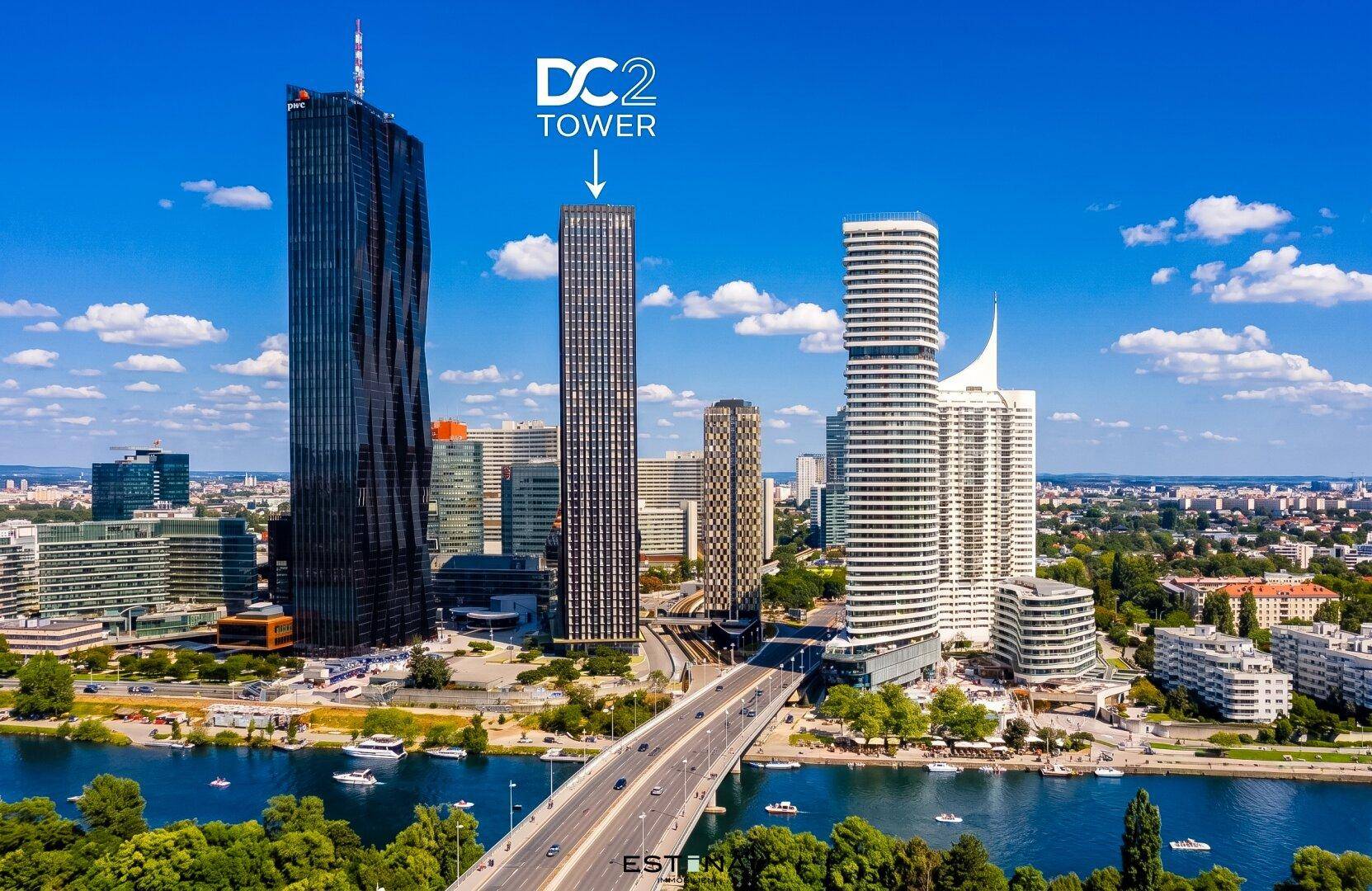 Panoramablick auf die Stadt mit markanten Hochhäusern und der Donau unter blauem Himmel.