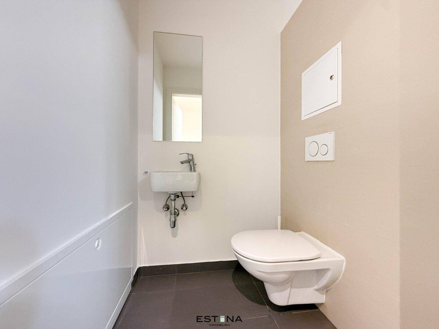 Separates Gäste-WC mit wandhängender Toilette und kleinem Handwaschbecken in modernem Design.