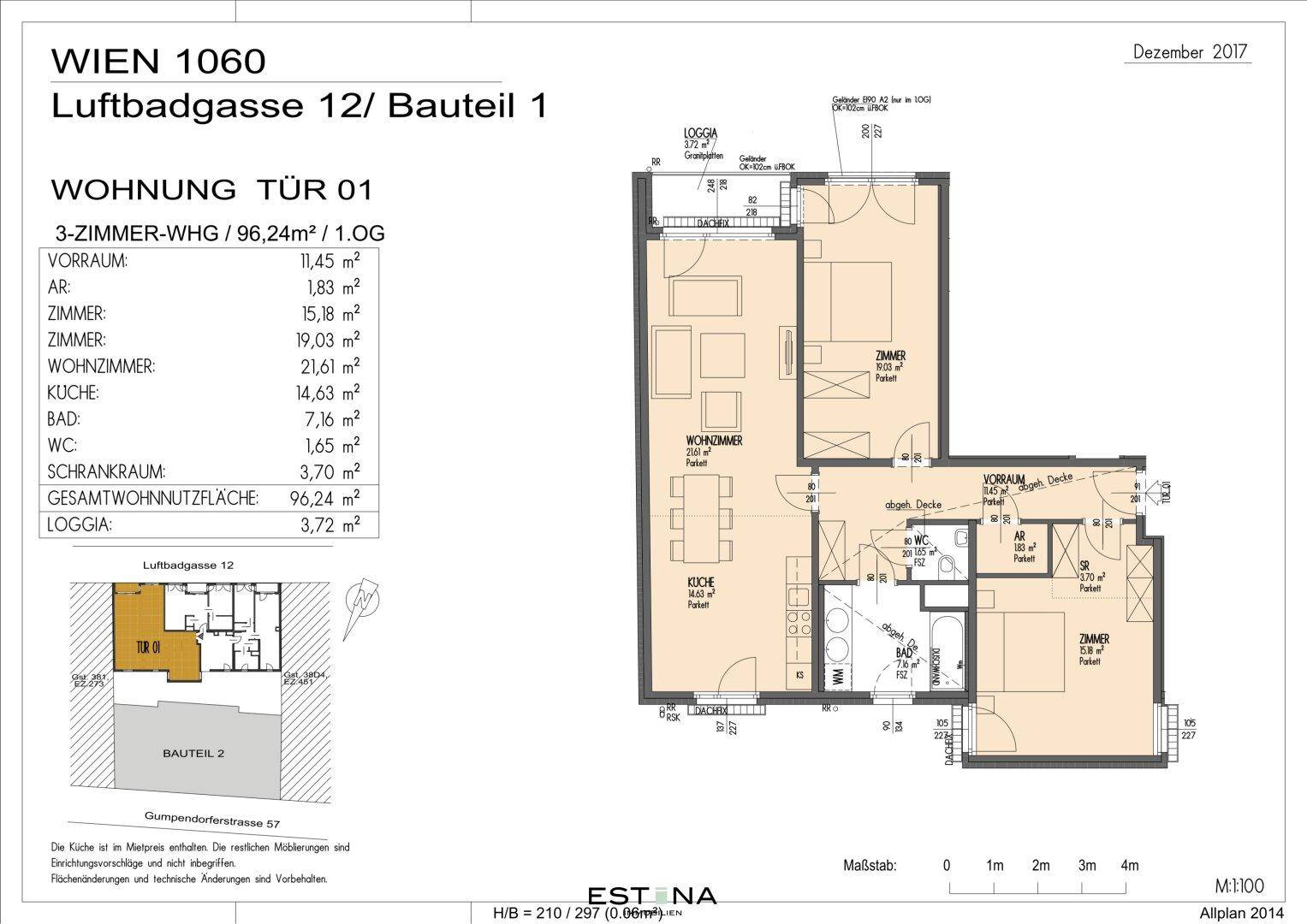 Detaillierter Grundriss einer 3-Zimmer-Wohnung mit Loggia und klarer Raumaufteilung.