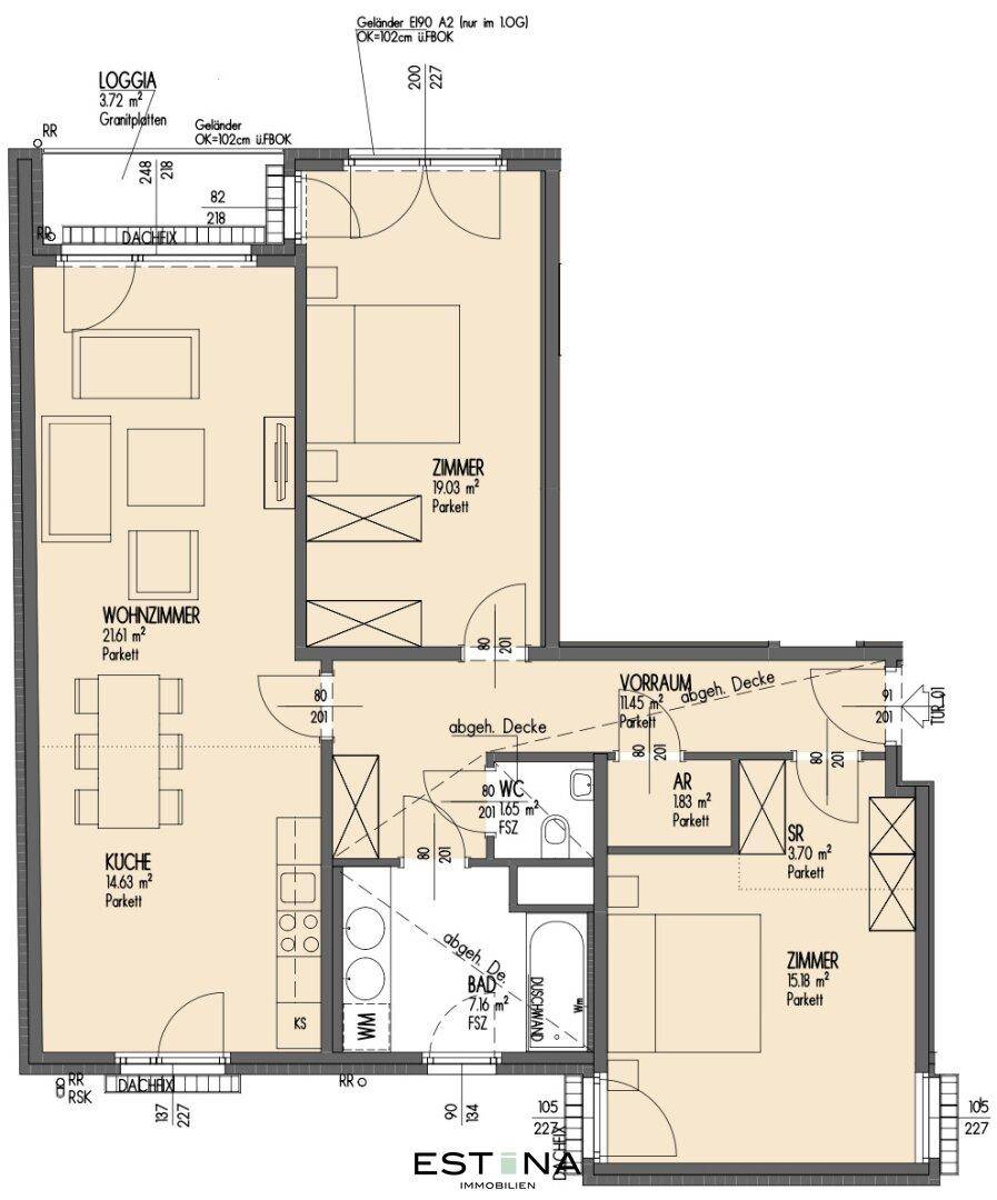 Vergrößerter Grundriss der Wohnung mit genauerer Darstellung der Raumfunktionen und Flächen.
