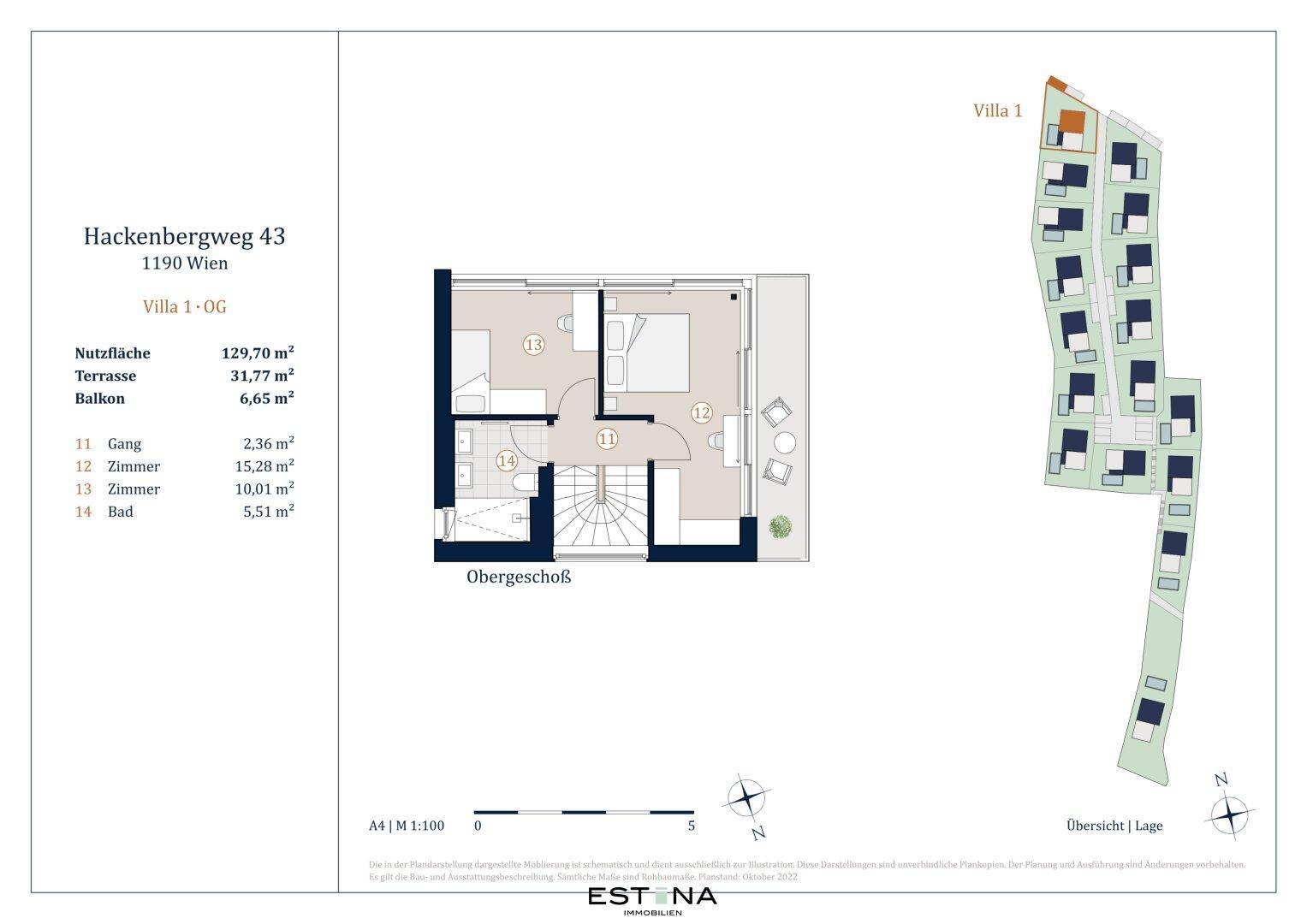 Grundriss des Obergeschosses der Villa mit zwei Schlafzimmern, Bad und Balkon.