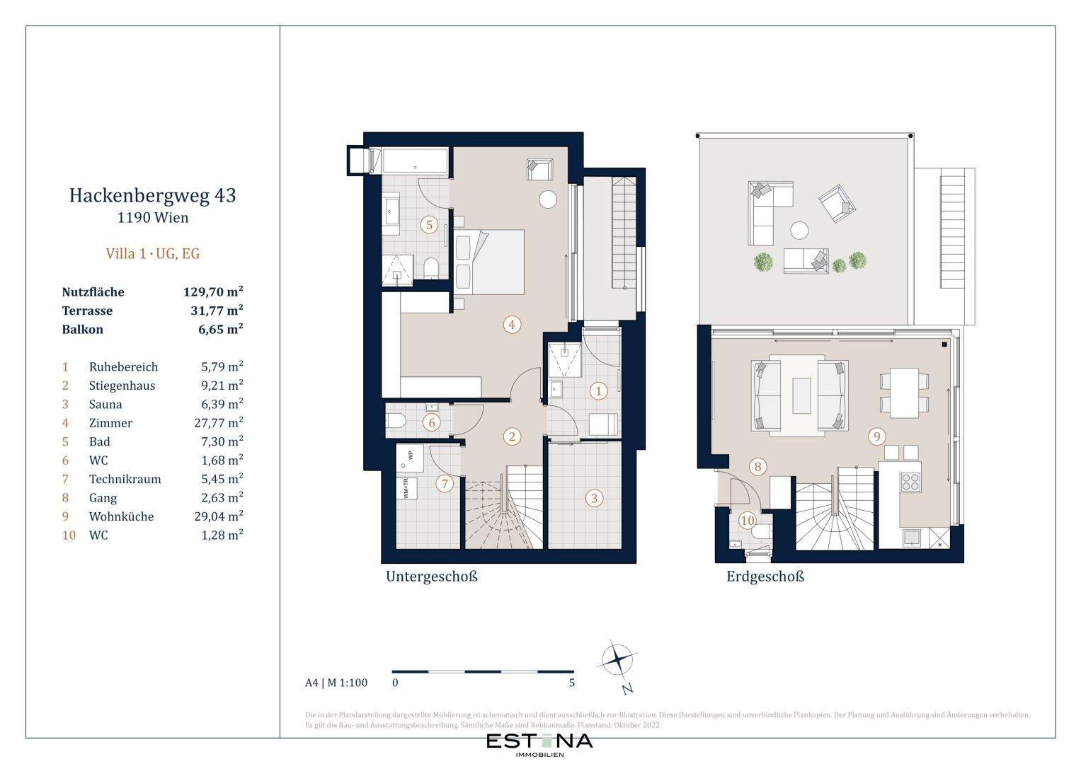 Detaillierter Grundriss der Villa mit Untergeschoss und Erdgeschoss, inklusive Nutzflächenangaben.