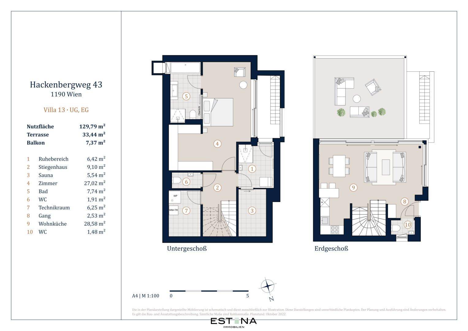 Grundriss der Villa mit Untergeschoss und Erdgeschoss, inklusive Sauna und Terrasse.