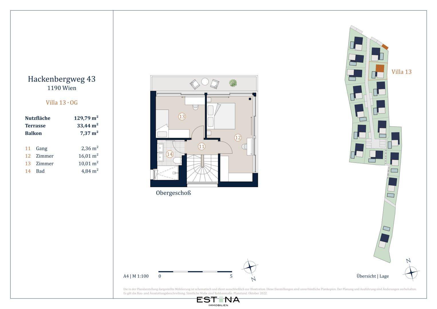 Grundriss des Obergeschosses der Villa mit Schlafzimmern, Bad und Balkon, plus Gesamtübersicht.