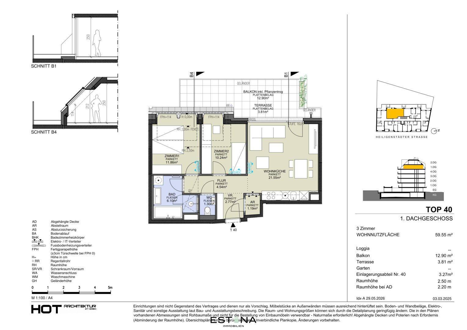 Detaillierter Grundriss einer Dachgeschosswohnung mit Balkon, Terrasse und offener Wohnküche.