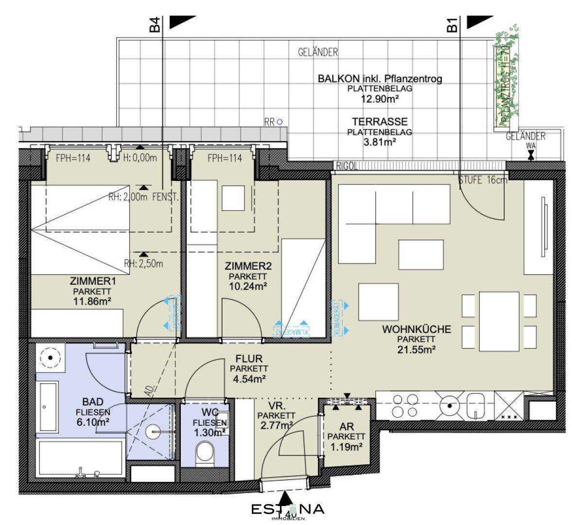Vergrößerter Grundriss einer Dachgeschosswohnung mit zwei Zimmern, Bad und offener Wohnküche.