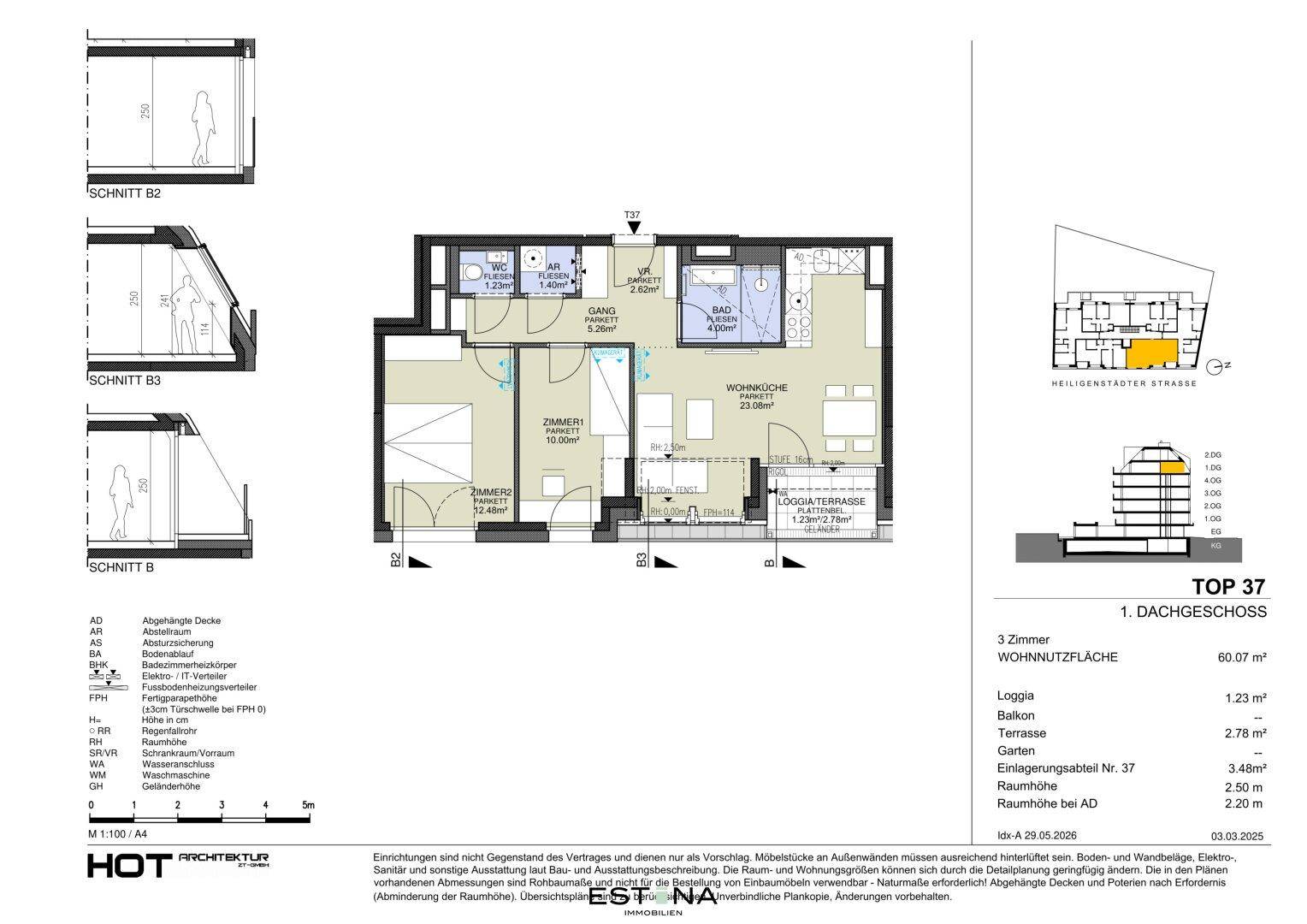 Detaillierter Grundriss einer Dachgeschosswohnung mit Loggia und verschiedenen Schnittansichten.