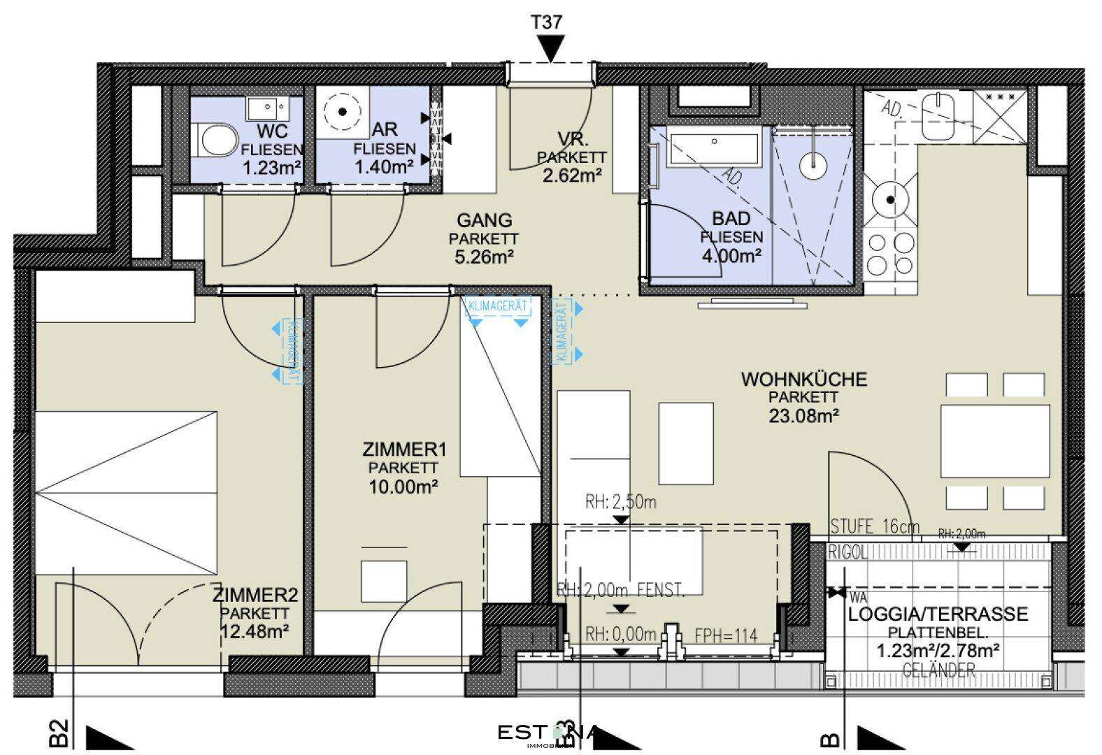 Detaillierter Grundriss einer Wohnung mit zwei Schlafzimmern, Wohnküche und Loggia/Terrasse.