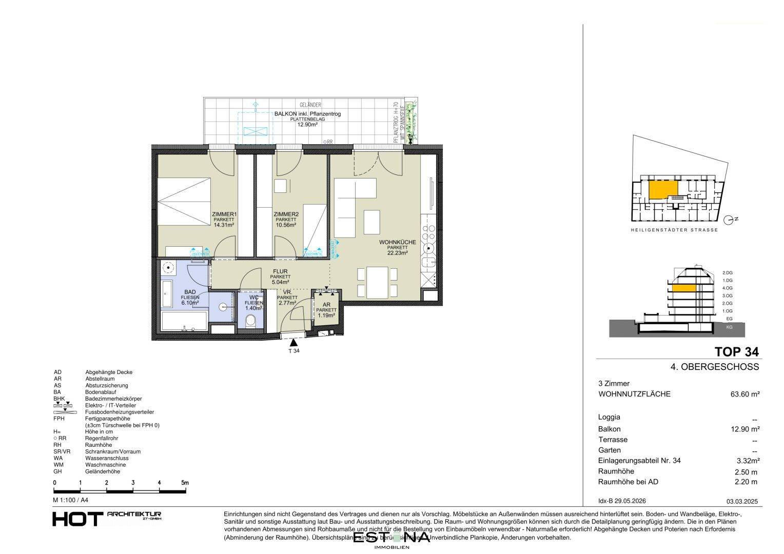Grundriss der Wohnung TOP 34 im 4. Obergeschoss mit drei Zimmern und Balkon.