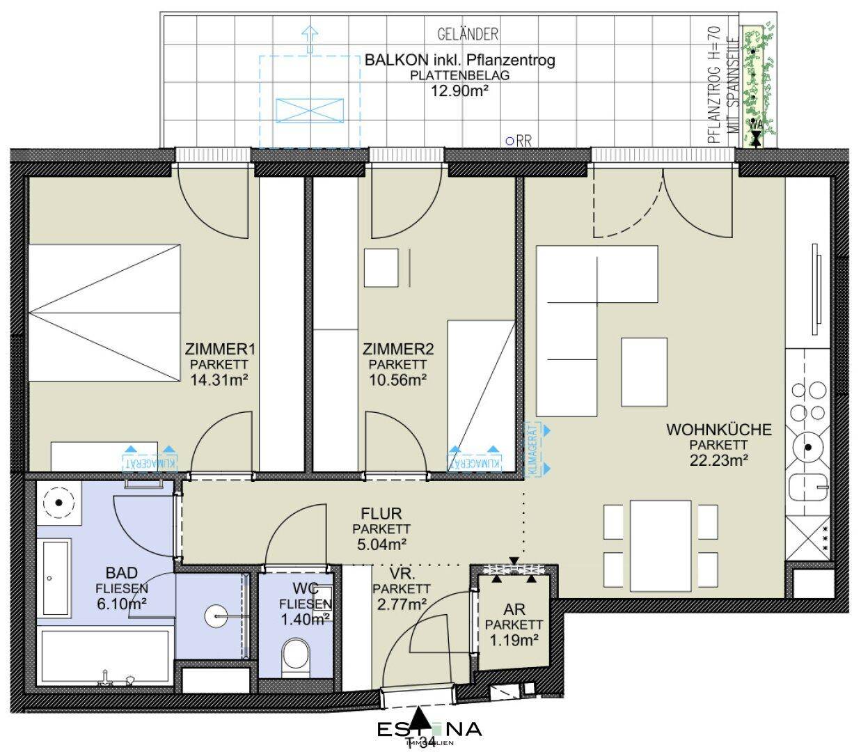 Detaillierter Grundriss der Wohnung mit Zimmeraufteilung, Parkettböden und Balkon.
