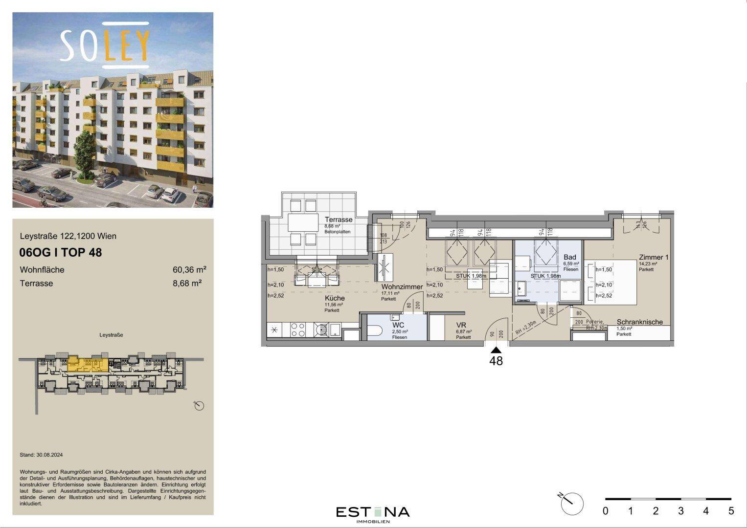 Grundriss einer Wohnung mit Terrasse, Küche, Wohnzimmer, Bad und WC.