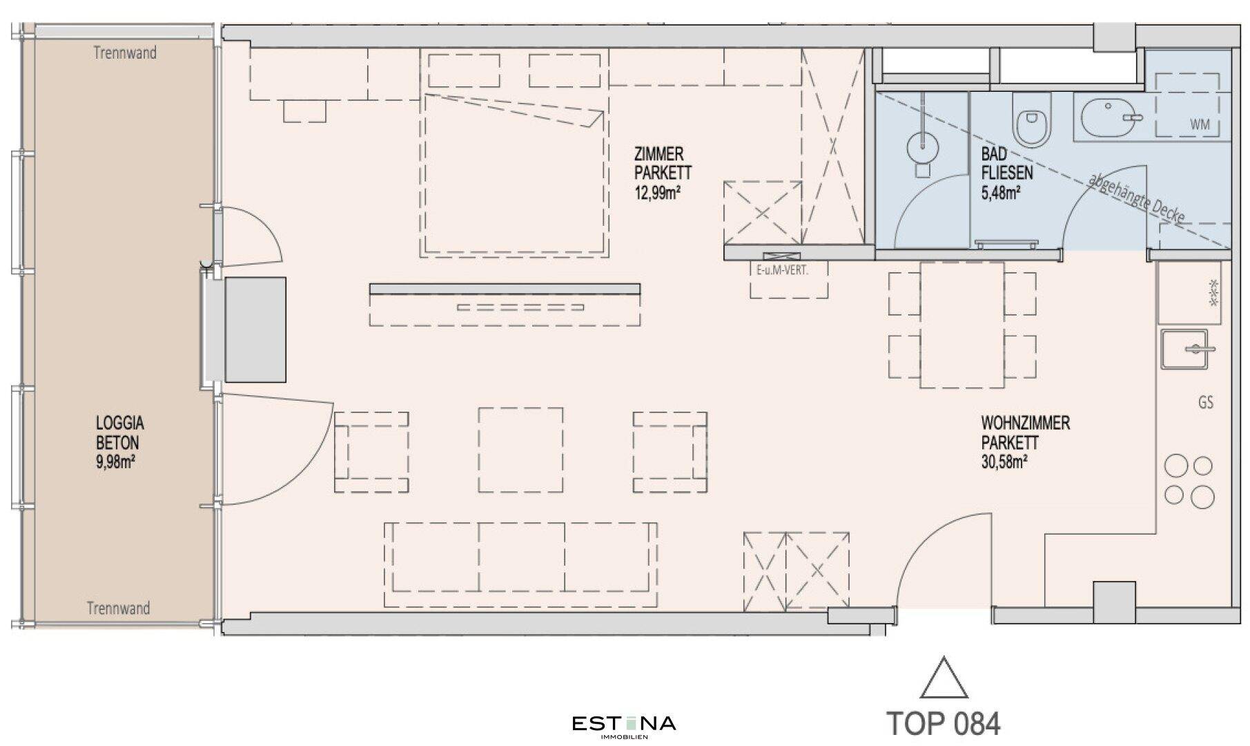 Detaillierter Grundriss einer Wohnung mit Zimmern, Bad und Loggia.