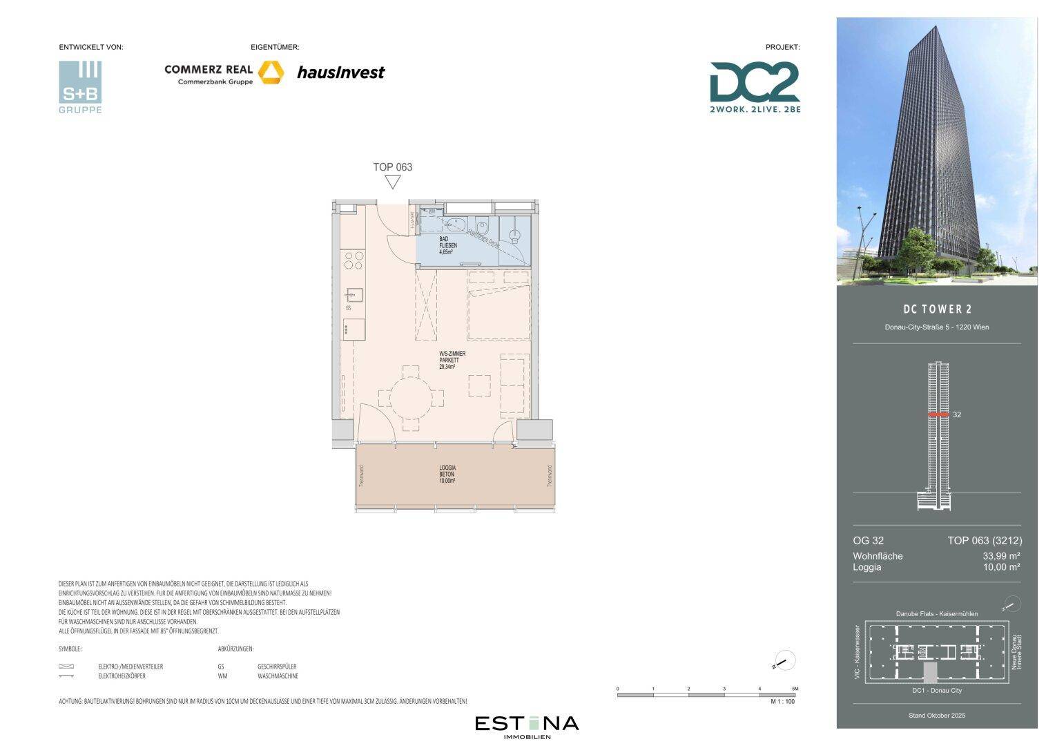 Grundriss einer Wohnung im DC2 Tower mit Loggia, Wohn-Schlafzimmer und Badezimmer.