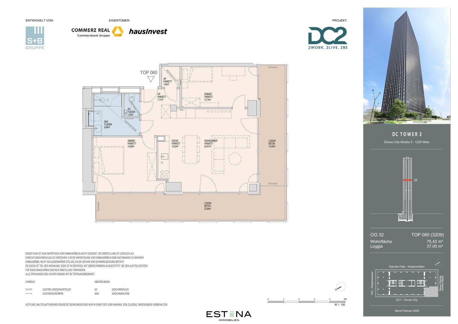 Detaillierter Grundriss einer Wohnung im DC2 Tower mit Loggia und drei Zimmern.