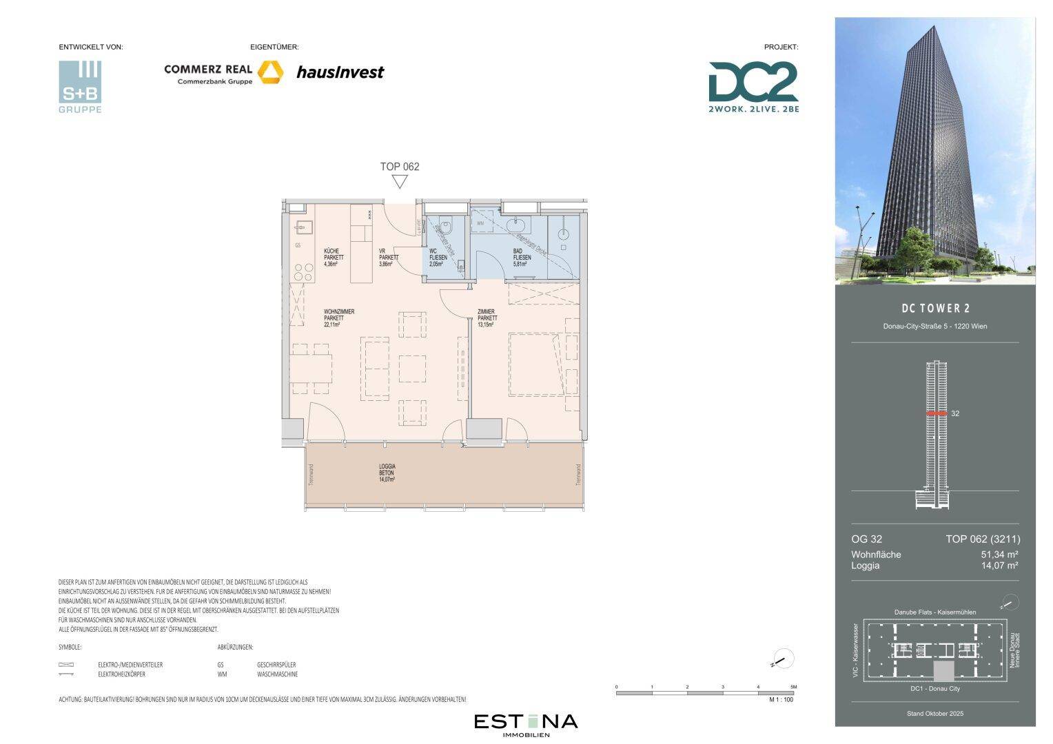 Detaillierter Grundriss einer Wohnung im DC2 Tower mit Loggia, Küche und Bad.
