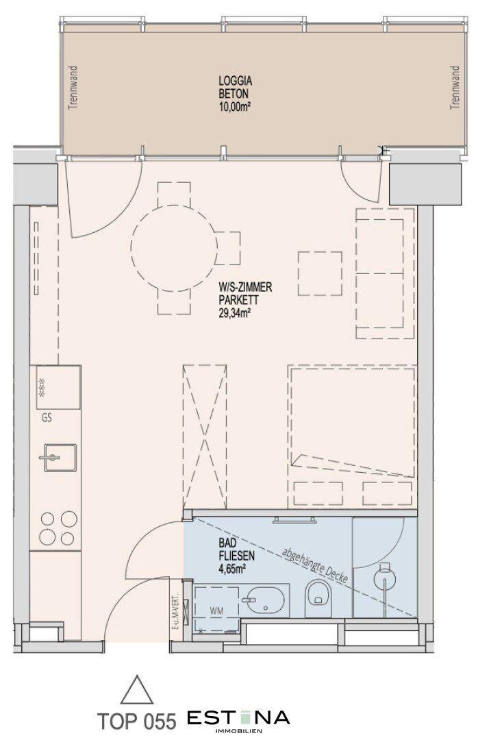 Nahaufnahme des Grundrisses einer kompakten Wohnung mit Wohn-Schlafbereich, Küche und Bad.