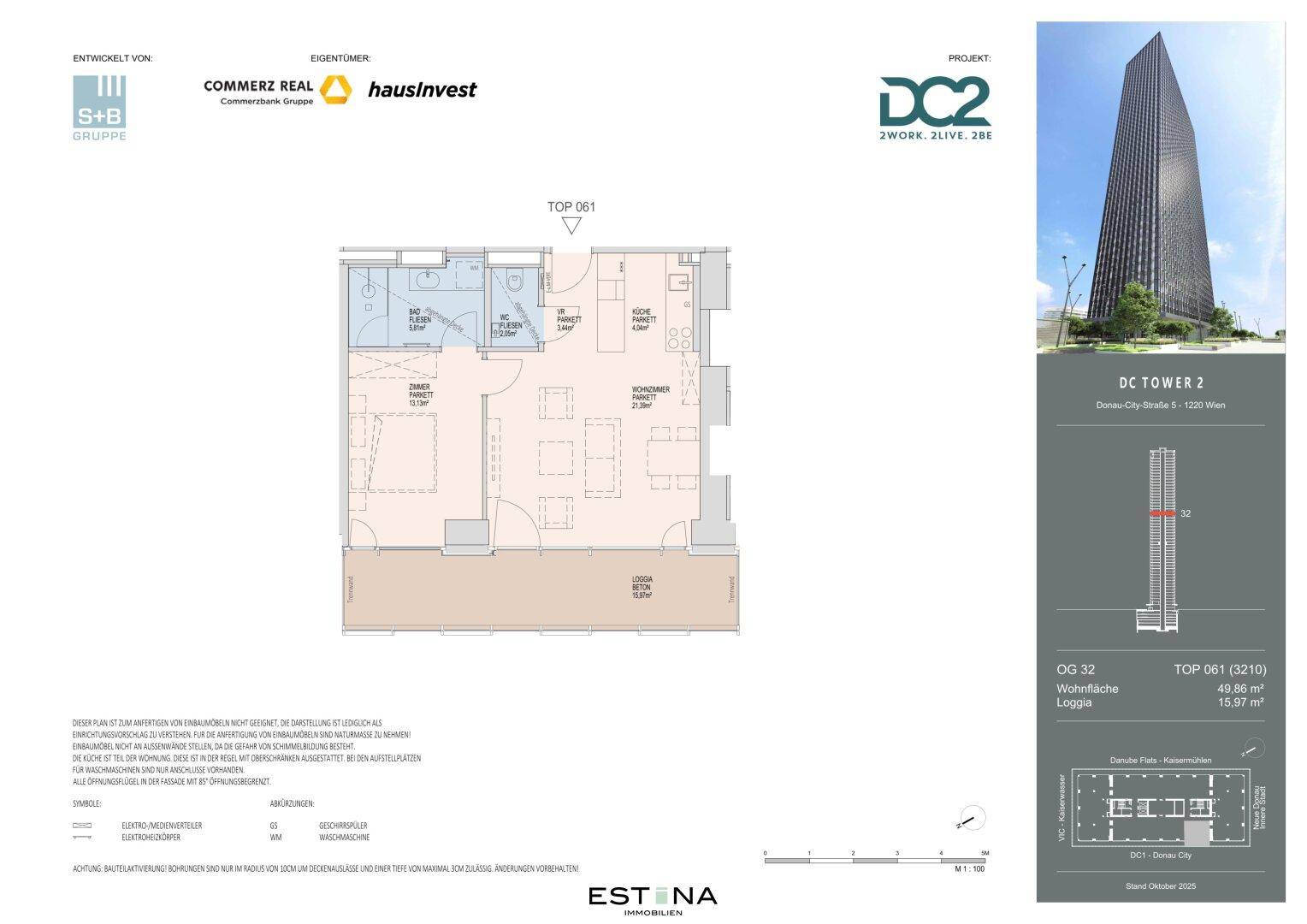 Grundriss der Wohnung TOP 061 mit zwei Zimmern, Bad, WC und Loggia.