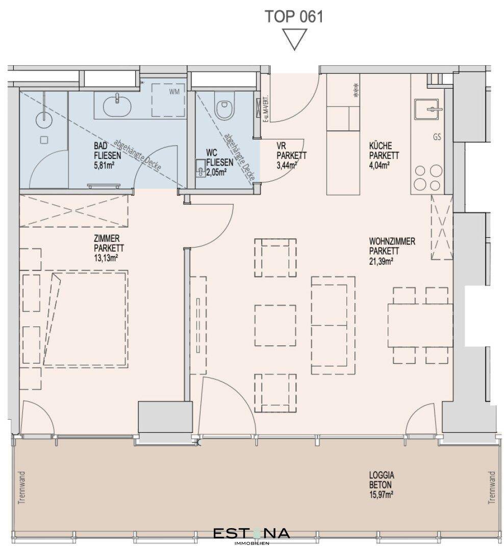 Detaillierter Grundriss der Wohnung TOP 061 mit Raummaßen und Loggia.