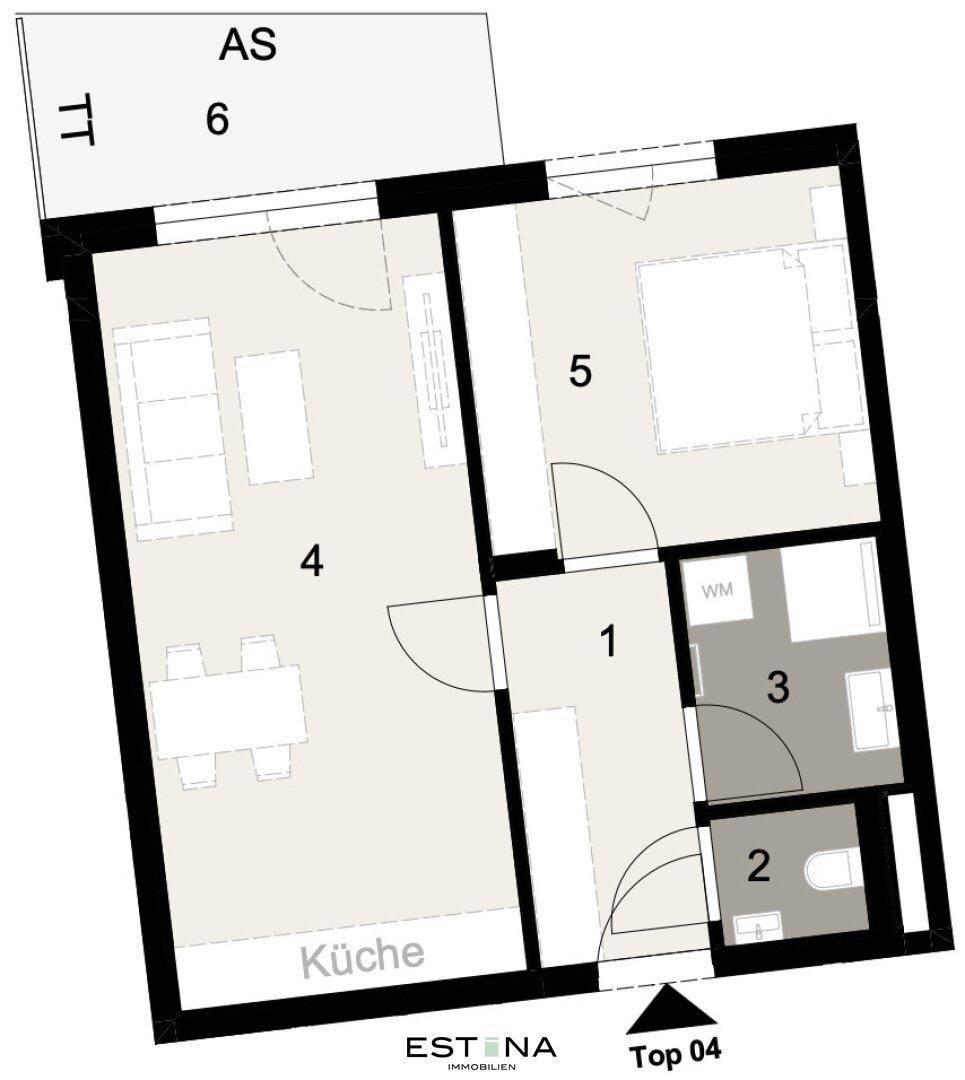 Nahaufnahme eines Grundrisses mit detaillierter Raumaufteilung und Balkonzugang für eine Wohnung.