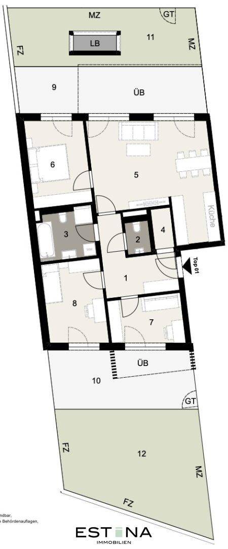 Übersichtlicher Grundriss einer Wohnung mit funktionaler Raumaufteilung und Außenbereichen.
