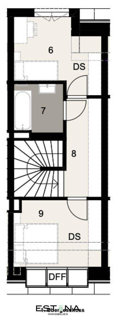 Detaillierter Grundriss des Obergeschosses mit Schlafzimmern und Badezimmer.
