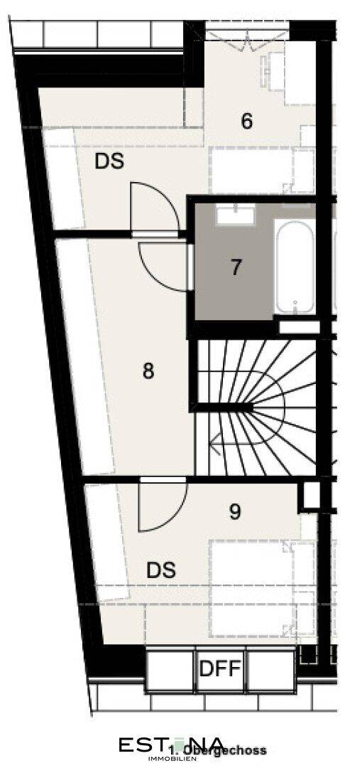 Detaillierter Grundriss des Obergeschosses mit Schlafzimmern und einem Badezimmer mit Badewanne.