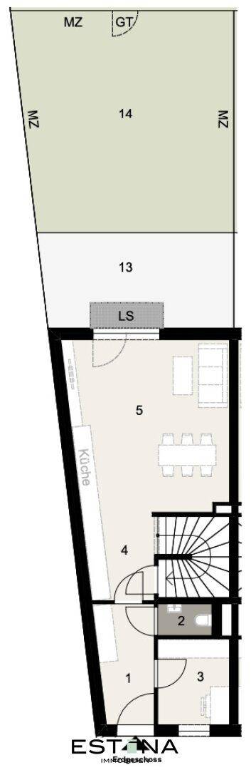 Detaillierter Grundriss des Erdgeschosses mit offener Küche, Wohnbereich und Zugang zur Terrasse.