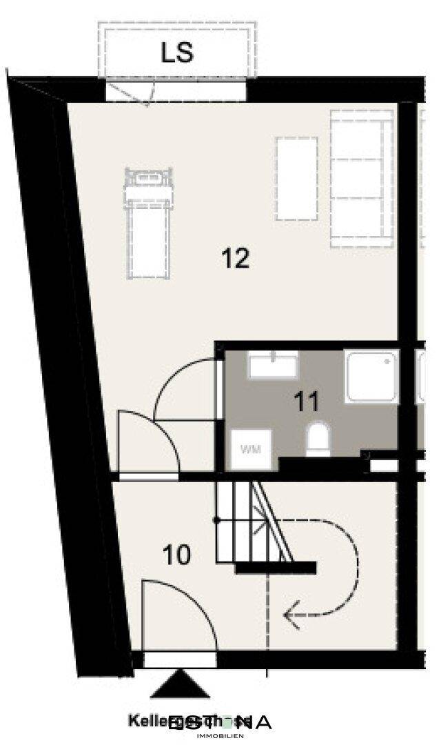 Detaillierter Grundriss des Kellergeschosses mit einem Zimmer und einem Badezimmer.