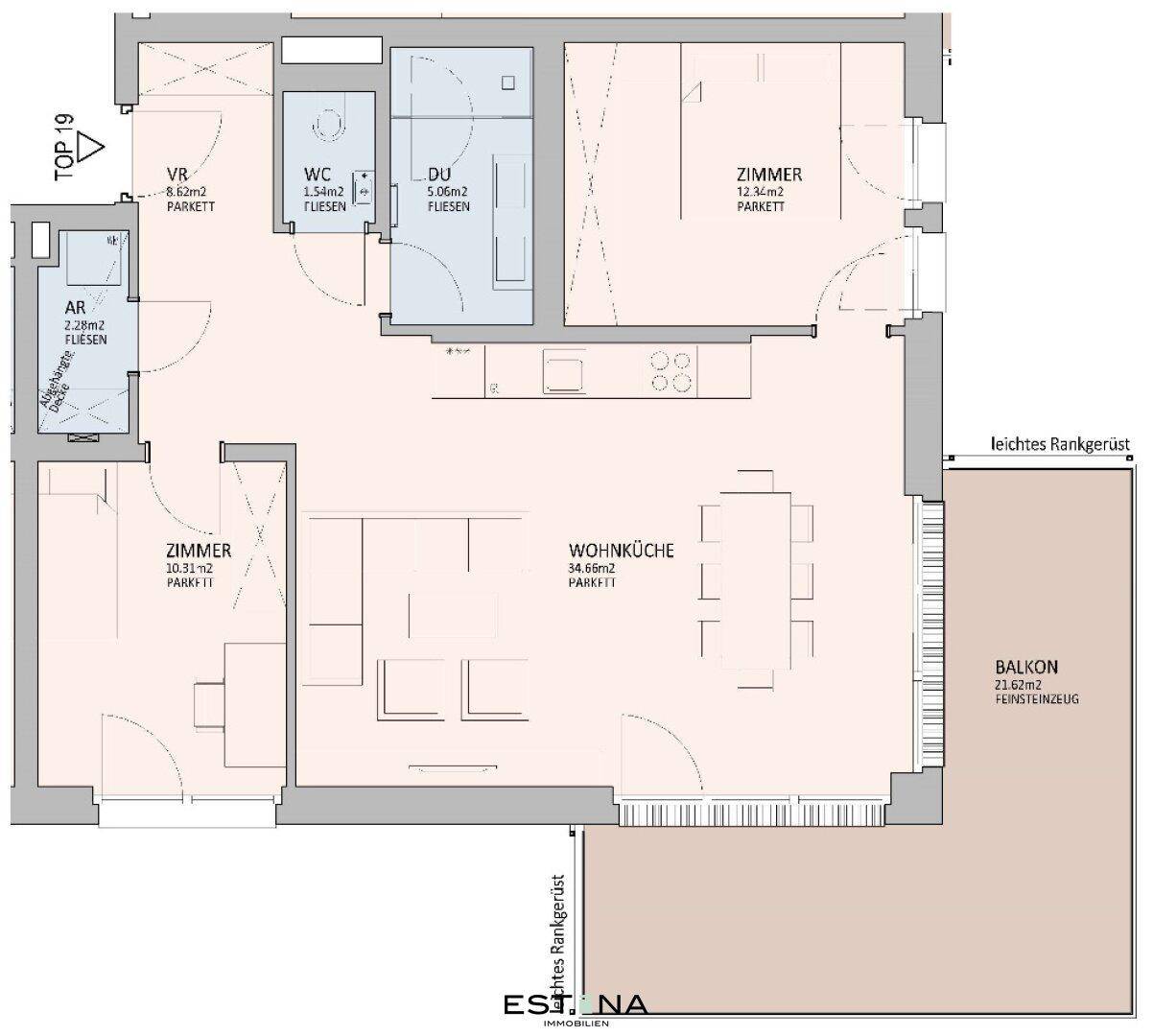 Detaillierter Grundriss einer Wohnung mit offener Wohnküche, zwei Schlafzimmern und einem Balkon.