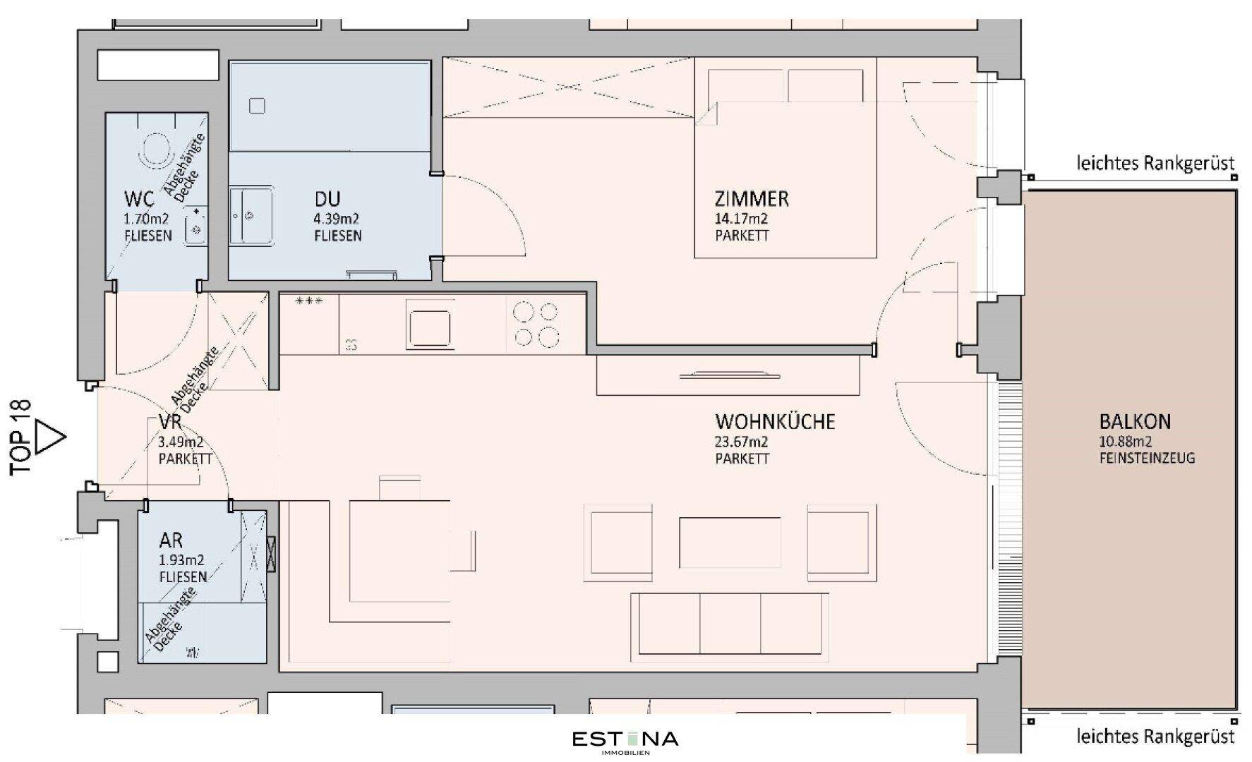 Grundriss einer Wohnung mit offenem Wohn-Essbereich, einem Schlafzimmer, separatem WC und Duschbad sowie einem großen Balkon.