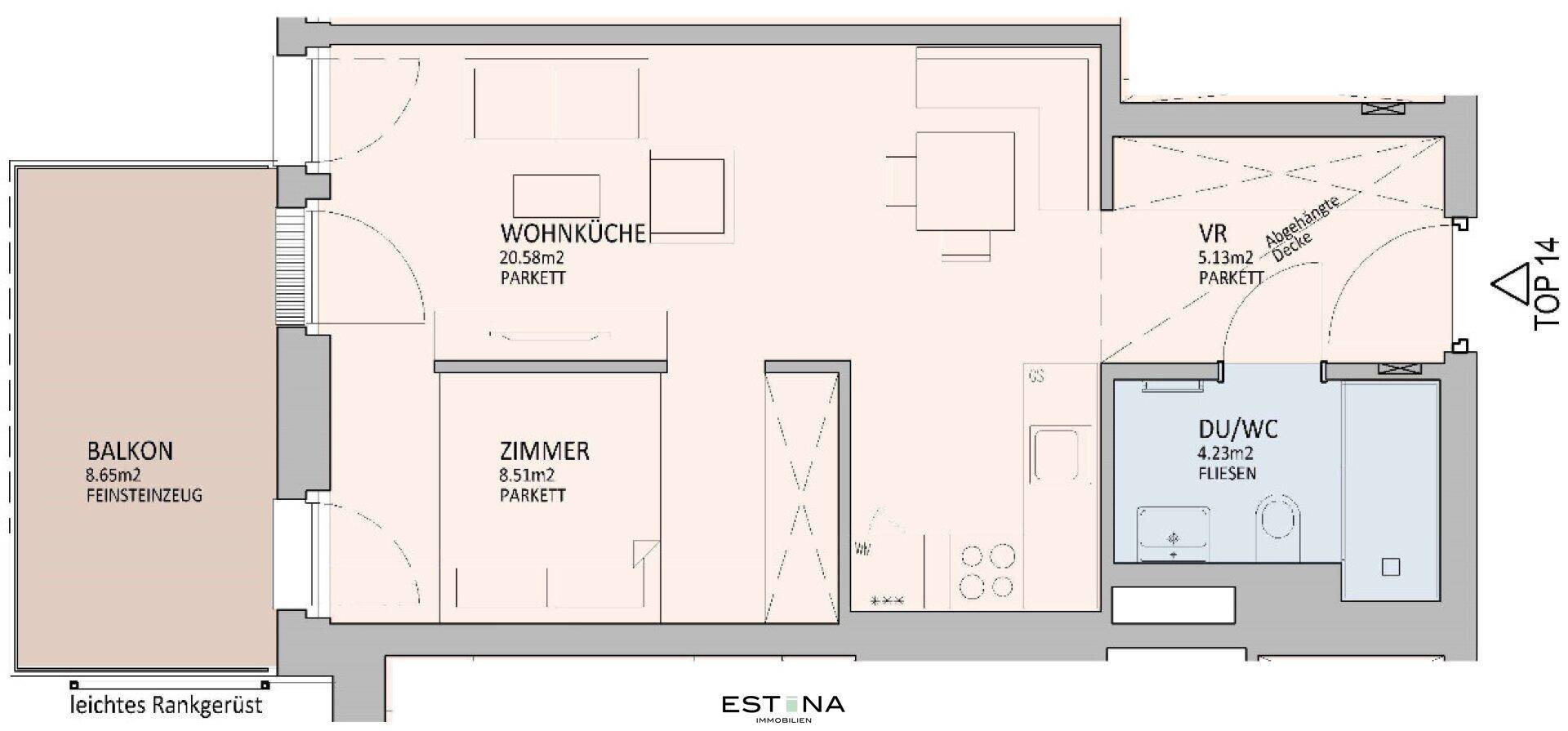 Grundriss einer Wohnung mit offener Wohnküche, einem Schlafzimmer, Duschbad und Balkon.