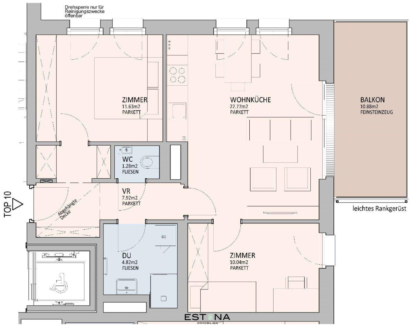 Grundriss einer Wohnung mit offener Wohnküche, zwei Zimmern, Balkon und barrierefreiem Zugang.