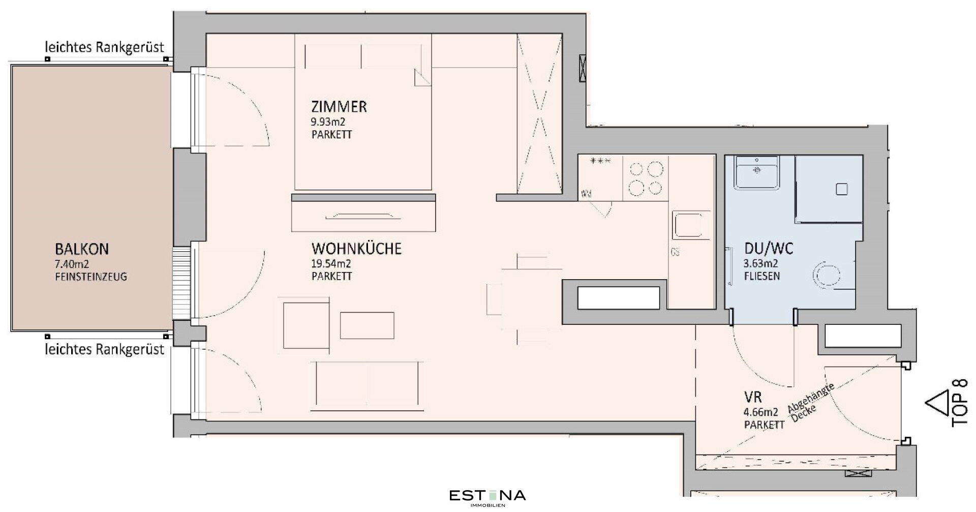 Detaillierter Grundriss einer Wohnung mit Wohnküche, Schlafzimmer und Balkon.