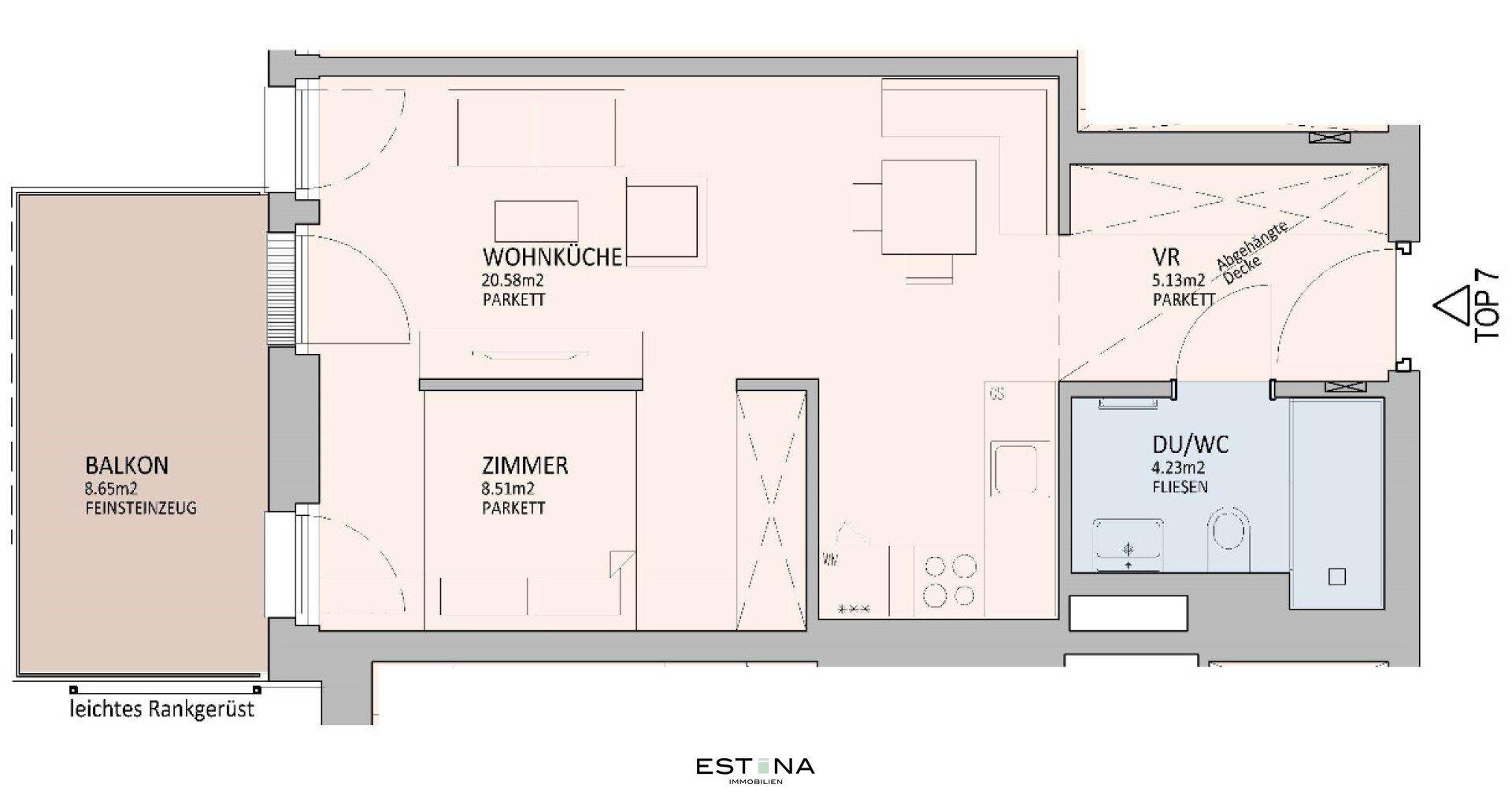 Detaillierter Grundriss einer Wohnung mit Wohnküche, Zimmer und Bad.